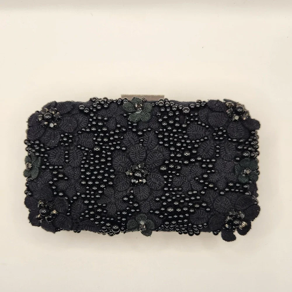 New Olga Berg Bonnie Black Lace Beaded Clutch Wedding Formal Bag Flower Floral B